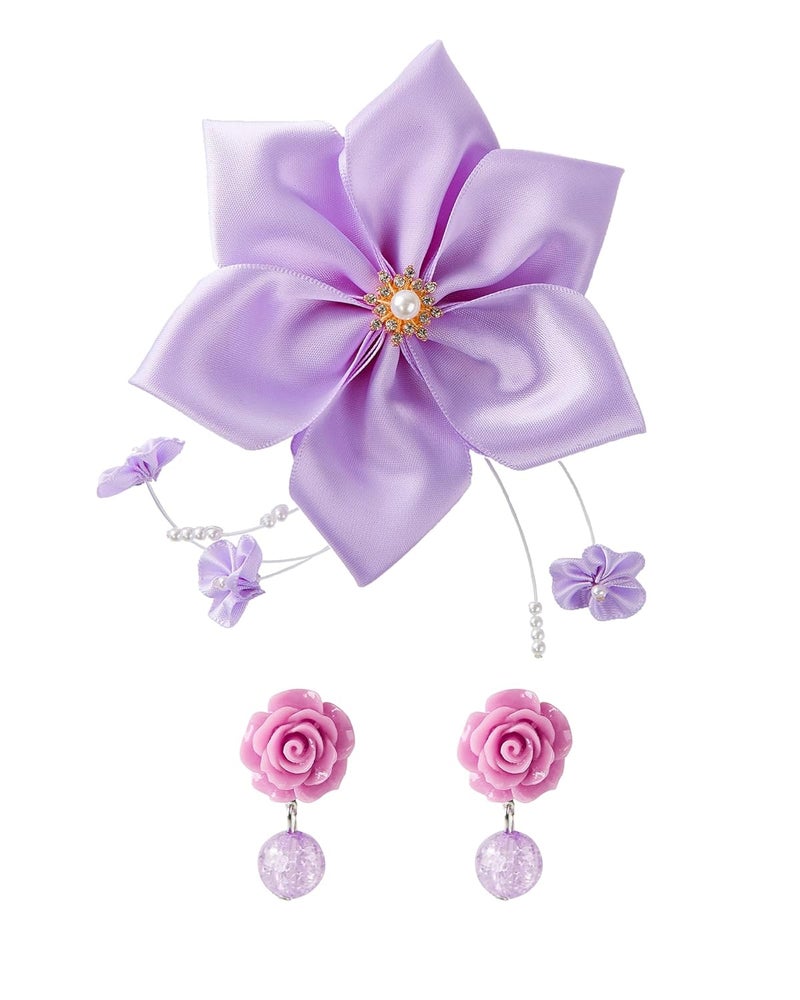 Fancheer Purple Flower Hair Clip with Clip On Earrings for Women Halloween Costume Accessories Headpiece for Isabella - Image 1